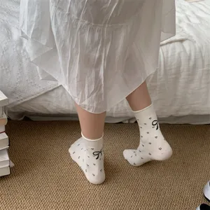 Summer women thin ballet socks with cute bow heart jacquard design sweet mid tube socks