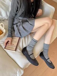 Spring summer women thin cotton calf socks and ballet Mary Jane flat shoes daily wear detail.