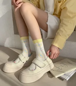 Cute cartoon bear cotton mid-calf socks with yellow cuffs, sweet preppy style socks.