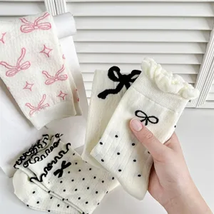 Women summer sheer mid-calf socks sweet balletcore bow polka dot ruffle trim mesh hosiery