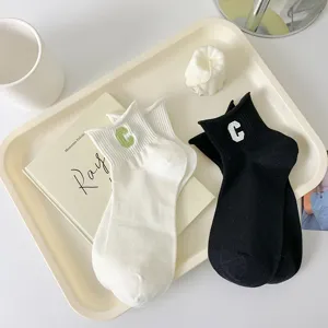 Cotton short socks with embroidered letter C, comfortable casual ankle socks for daily wear.