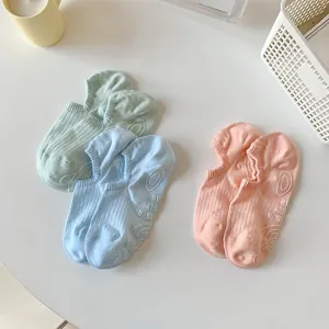 Details of cute candy color shallow mouth short socks with lovely bear print and breathable mesh.