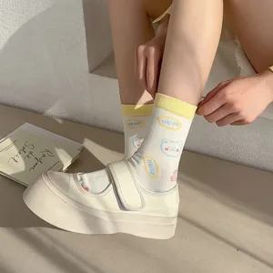 Women's cute cartoon bear mid-calf socks with yellow cuffs, comfortable spring cotton daily wear.