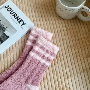 Cozy coral fleece striped warm socks detail, soft fuzzy winter home floor sleep socks.