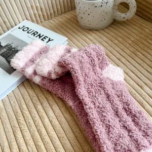 Thickened coral fleece cozy sleeping socks in pink white stripes for winter home floor.