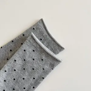Grey polka dot socks with rolled cuffs, soft knit fabric detail for women spring and summer.