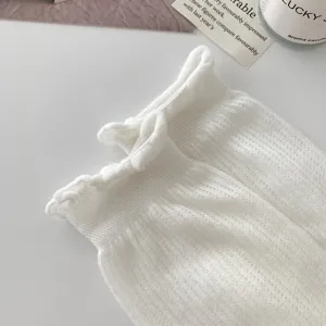 White sheer mesh ruffle crew socks for women, sweet ballet style breathable summer hosiery.