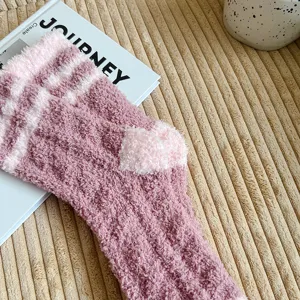 Cozy pink striped coral fleece fuzzy socks for women, thick warm winter home sleep flooring socks.