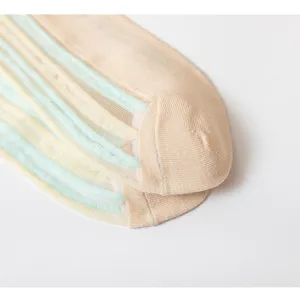 Nahaufnahme von transparenten Kristallseidensocken mit feiner gestreifter Textur.