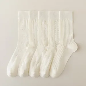 Women spring summer thin hollow-out mid-calf socks white mesh socks detail view