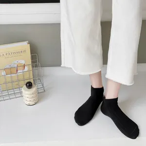 Black short socks for women, breathable cotton boat socks with vertical stripes, detail view.