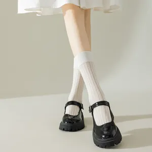 Close-up detail of women breathable ribbed mid-calf socks and black patent Mary Jane shoes.
