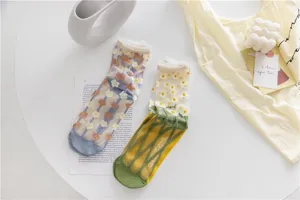 Sheer mesh crew socks detail, delicate floral pattern, breathable crystal silk for spring.