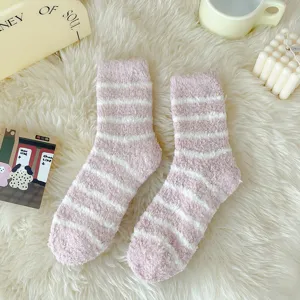 Women cute fuzzy stripe coral fleece socks warm winter sleep socks soft comfy casual socks