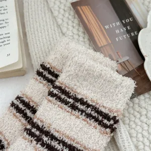 Men's retro striped coral fleece sleep socks, thick warm home floor slipper socks detail.