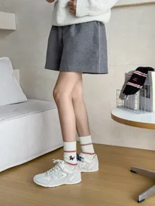 Cute embroidered puppy mid-calf socks for women, Japanese style vintage striped stacking socks.