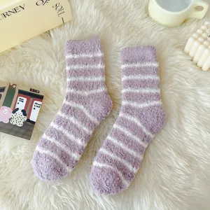 Women's autumn winter thick cozy coral fleece fuzzy striped sleep socks for home wear.