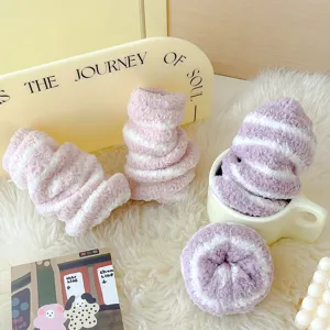 Thickened coral fleece striped warm socks for women, cozy winter sleep socks detail shot.