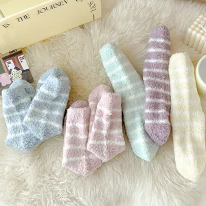 Cozy thick striped coral fleece fuzzy socks detail view, soft warm winter sleep socks.