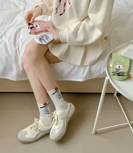 Cute cartoon dog print mid-calf socks for women, comfortable cotton socks for spring summer.