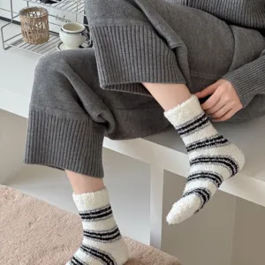 Cozy striped fuzzy coral fleece sleep socks, thick warm home floor socks for indoor comfort.