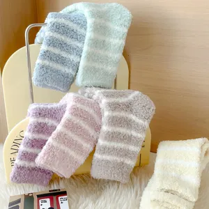 Women thick coral fleece striped sleep socks winter warm cozy fuzzy socks detail view