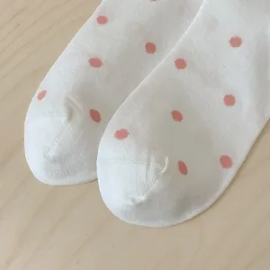 Detailed close-up shot of white women socks with pink polka dots, showing fine knit texture and quality.