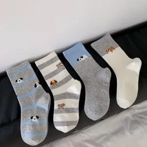 Cute cartoon puppy striped mid-tube women socks, trendy Japanese style cotton spring daily wear.