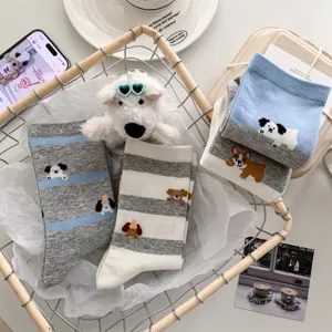 Cute blue-gray striped mid-calf socks for women, featuring cute dog embroidery for daily wear.