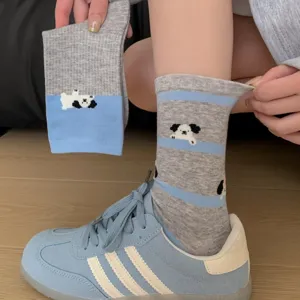 Blue-gray striped cute puppy mid-tube socks detail view, comfortable cotton fabric daily wear.