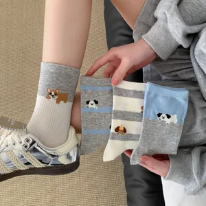 Cute cartoon dog print mid-calf socks for women, comfortable casual striped cotton socks.