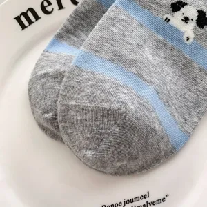 Blue grey striped cute puppy women mid tube socks trendy Japanese style casual hosiery item.