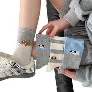 Cute cartoon puppy embroidery mid-tube women socks, breathable spring and summer casual wear.