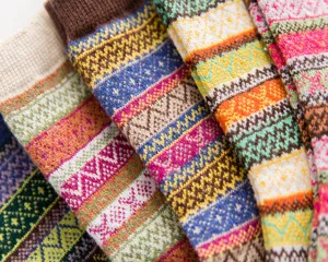 Detailed close-up of vintage ethnic wool socks, colorful knit patterns, warm winter footwear.