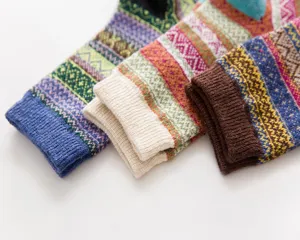 Close-up detail of retro ethnic style knitted wool socks with colorful geometric patterns.