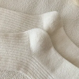 Close-up view of thick knit wool socks showing soft texture and cozy ribbed details.