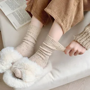 Thickened flecked yarn crew socks detail view, cozy retro style wool blend winter socks.