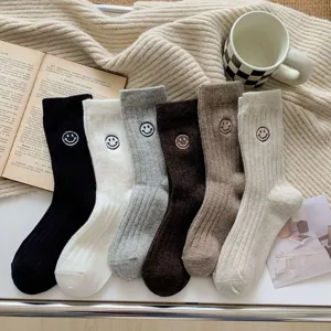 Women's autumn winter thick warm ribbed knit socks with cute smiley embroidery multi color set