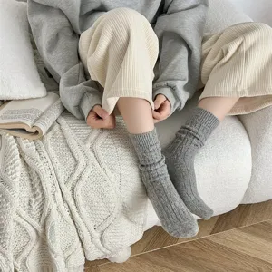 Thickened cable knit slouchy wool socks women retro winter warm solid color mid tube socks