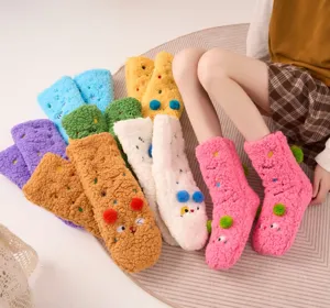 Thickened lamb fleece women socks with cute cartoon embroidery, warm winter floor sleep socks.