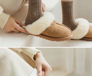Winter warm plush slippers with cozy knit socks, comfortable indoor footwear styles.