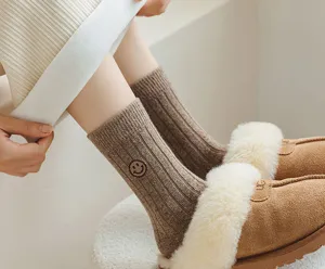 Women winter warm wool socks ribbed knit mid-calf cute smiling face cozy daily wear home