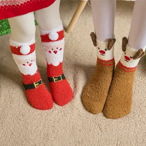 Cozy Christmas coral fleece socks, thickened warm floor sleep socks with cute elk and santa.