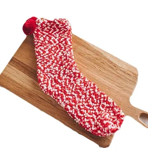 Women red white coral fleece fuzzy socks mid-tube warm winter home floor socks fluffy gift socks