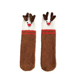 Coral fleece Christmas reindeer thick warm socks, cute fuzzy winter floor socks for women.