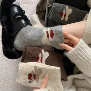 Thickened Wool Socks Women Winter Warm Cute Cartoon Puppy Crew Socks Ins Style Colorblock Casual Thermal Hosiery