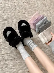 Cozy thick wool thermal socks detail view showing soft winter stacking socks and plush slippers.