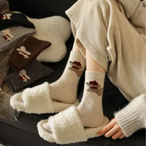 Autumn winter thick warm wool socks for women cute cartoon puppy design cozy home wear