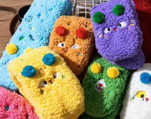 Thick sherpa fleece floor socks for women, cute cartoon embroidery warm fuzzy winter sleep socks.