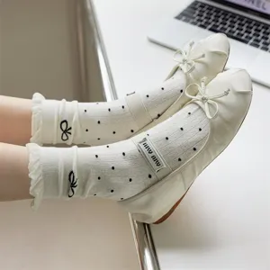 Women summer thin mesh polka dot ruffle mid-tube socks with ballet style flat shoes set